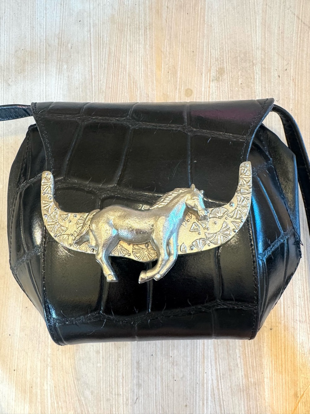 Vintage 1980s Yael Black Croc-Textured Crossbody Bag with Silver Horse Accent